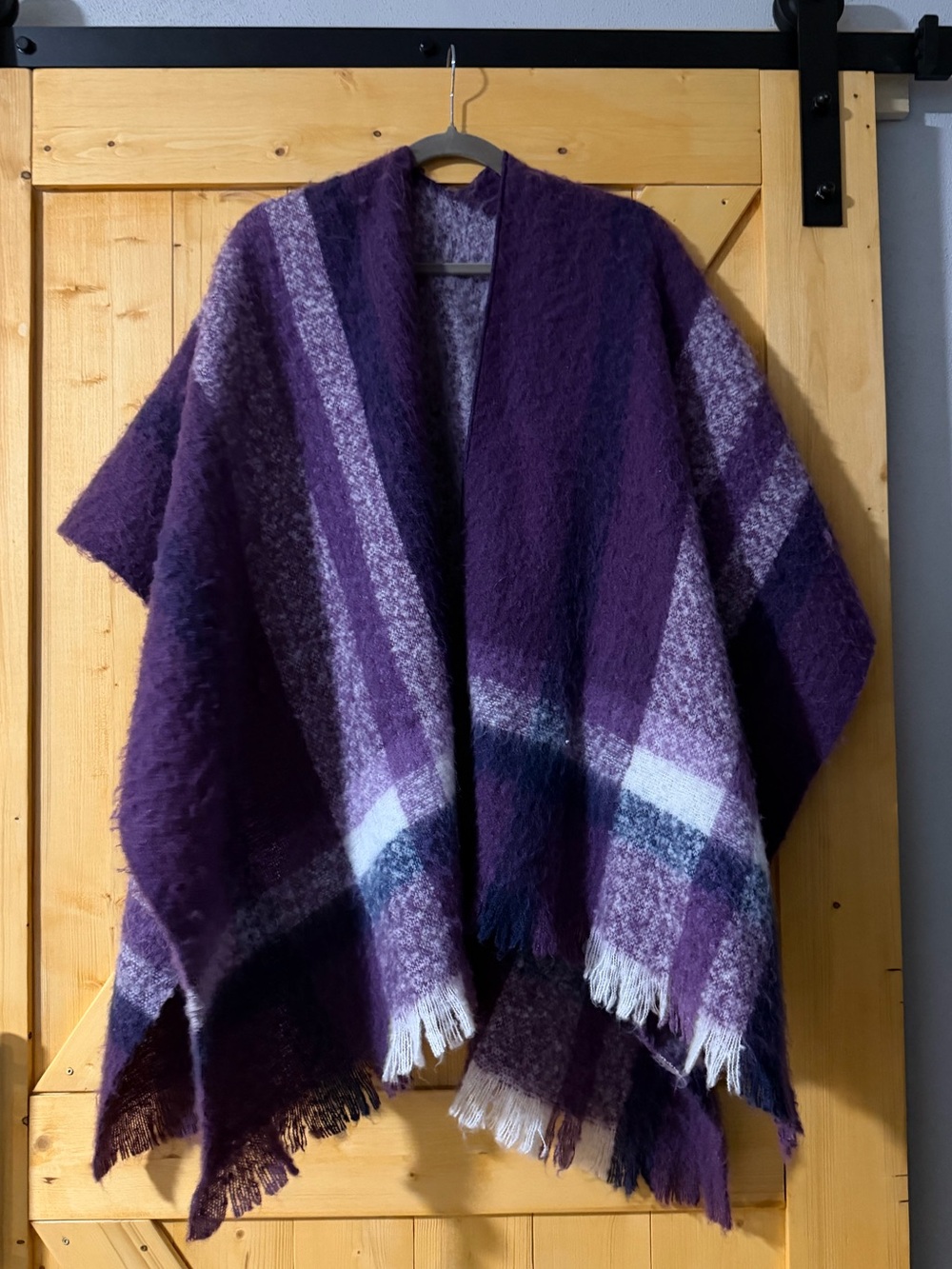 Blair Purple Plaid Fringe Wrap Ruana Poncho Sweater One Size Warm Layering